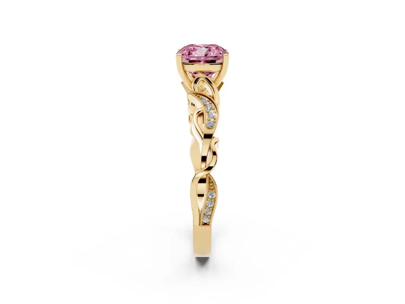 Cushion Cut Vine Engagement Ring Setting for a Fancy Pink Lab-Grown Diamond | Yellow Gold