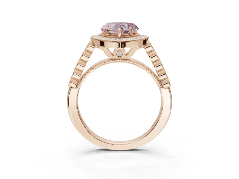 Fancy Pink Heart-Shaped Lab-Grown Diamond Milgrain Halo Solitaire Ring Set in Rose Gold with Bezel Set Side Stones and Pavé Band