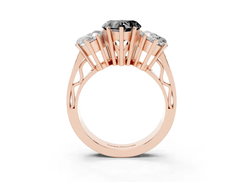 Heart-Shaped Three Stone Engagement Ring Setting for a Black Center | Beaded Shoulders | Rose Gold