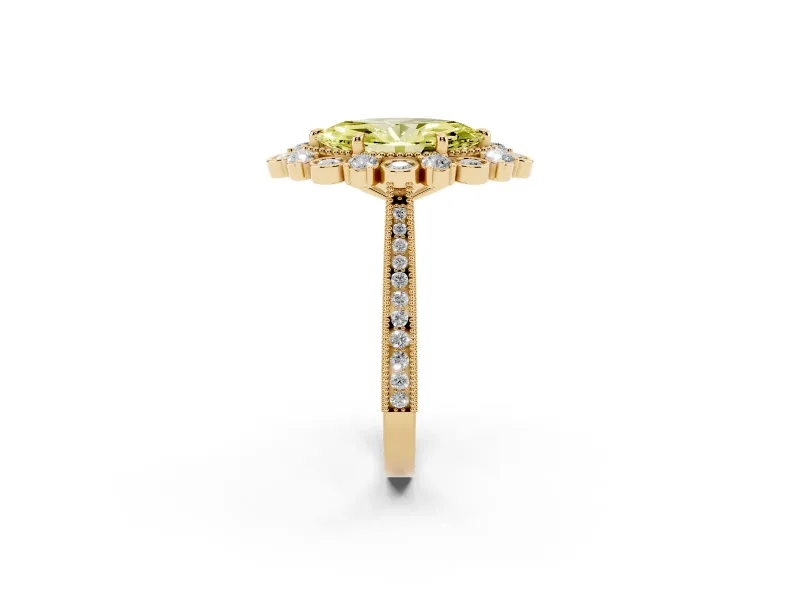 Fancy Yellow Marquise Cut Diamond Halo Milgrain Pavé Ring Set in Yellow gold with Prong Setting