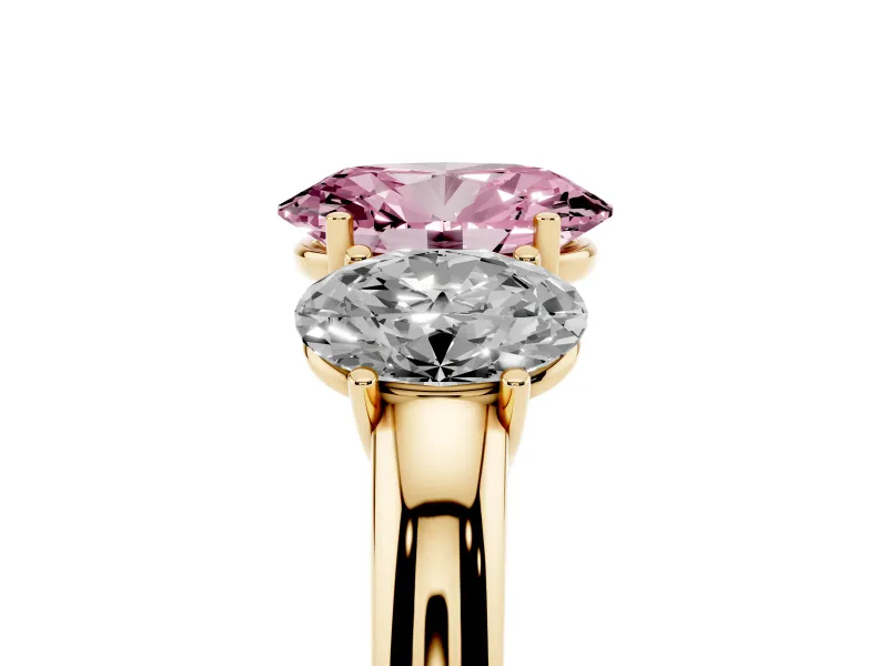 Oval Three Stone Engagement Ring Setting for a Fancy Pink Lab-Grown Diamond | Matching Side Stones | Yellow Gold
