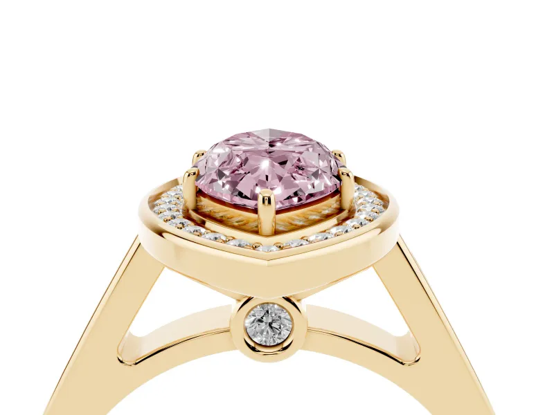 Fancy Pink Marquise Cut Diamond Halo Solitaire Ring Set in Yellow gold with Pavé Band and Bezel Setting