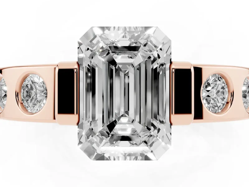 Emerald Cut Tension Style Engagement Ring Setting | Flush Set Accents | Rose Gold