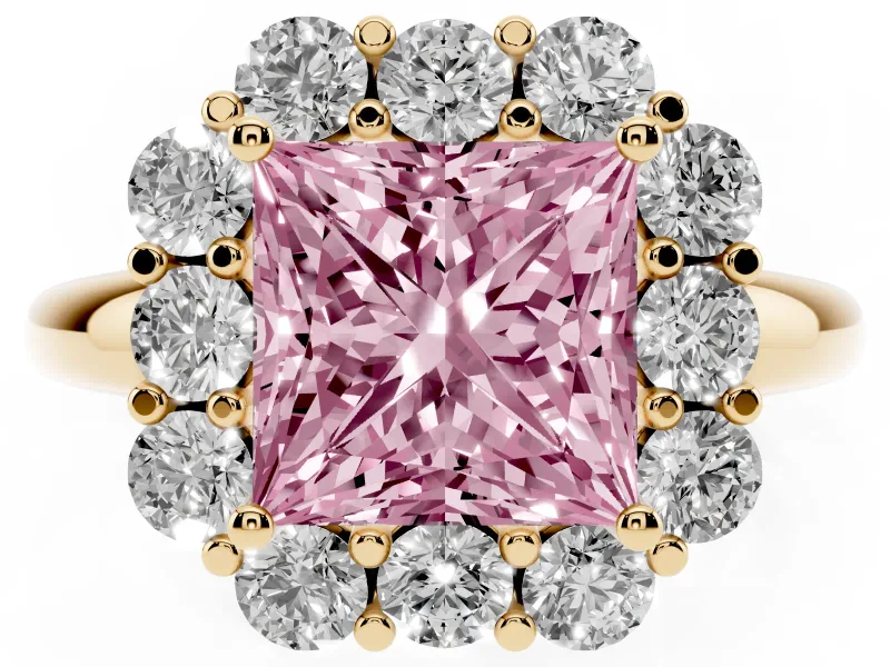 Princess Cut Graduated Milgrain Halo Engagement Ring Setting for a Fancy Pink Lab-Grown Diamond | Yellow Gold