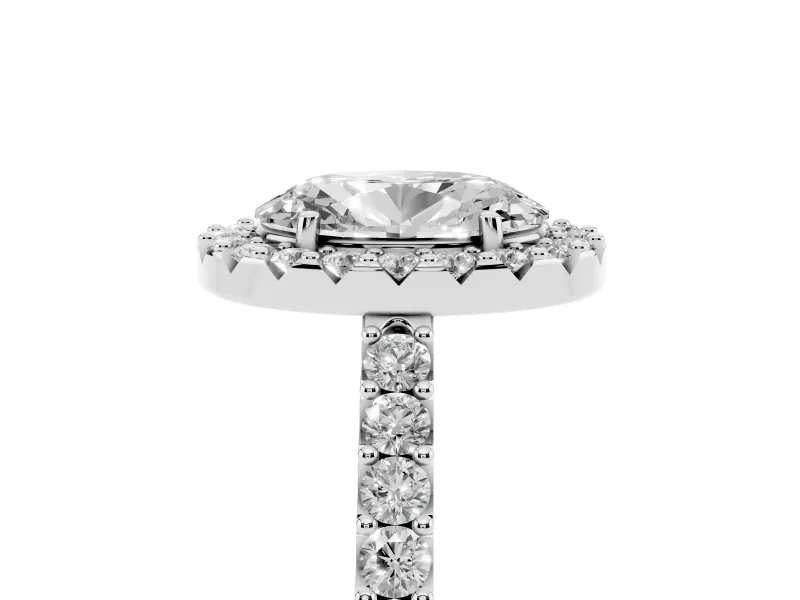 Oval Cut Diamond Halo Pavé Solitaire Ring Set in White gold with Prong-Set Center Stone
