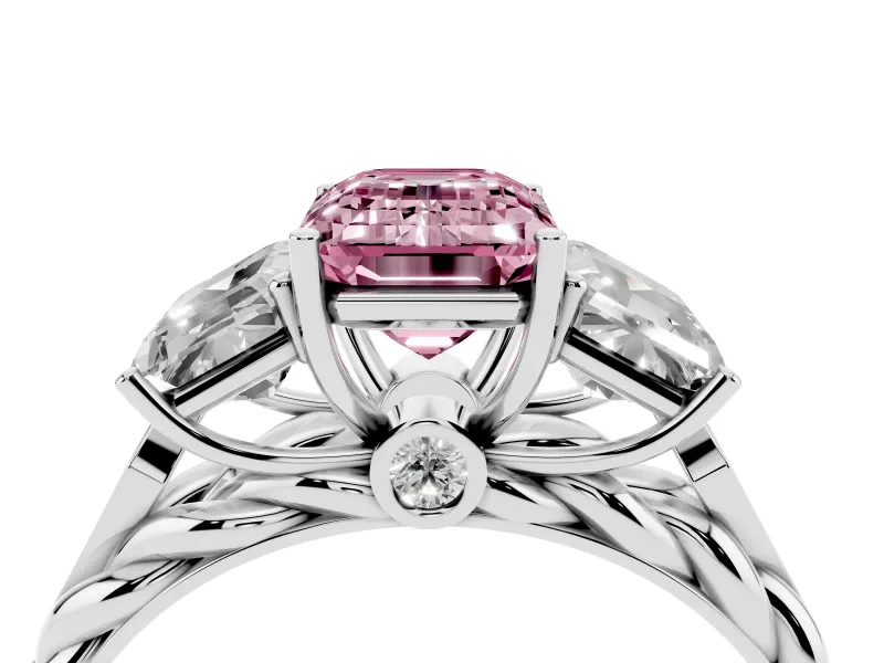 Fancy Pink Emerald Cut Diamond Three-Stone Ring Set in Platinum with Braided Band