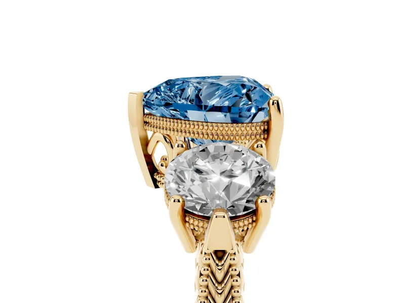 Fancy Blue Heart Cut Diamond Three-Stone Ring Set in Yellow gold with Milgrain Band