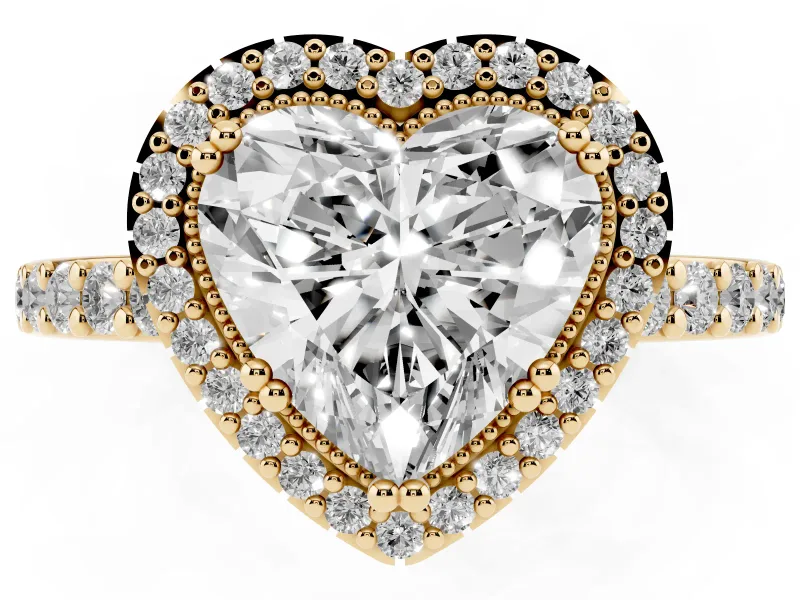 Heart Cut Diamond Halo Engagement Ring Set in Yellow gold with Milgrain Detail and Pavé Band