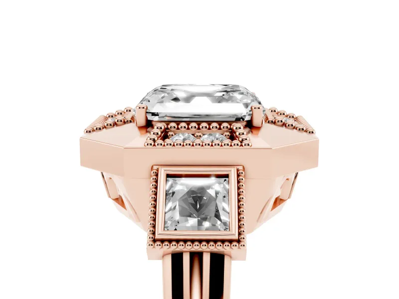 Asscher Cut Milgrain Sectioned Halo Engagement Ring Setting | Square-Framed Sides | Rose Gold