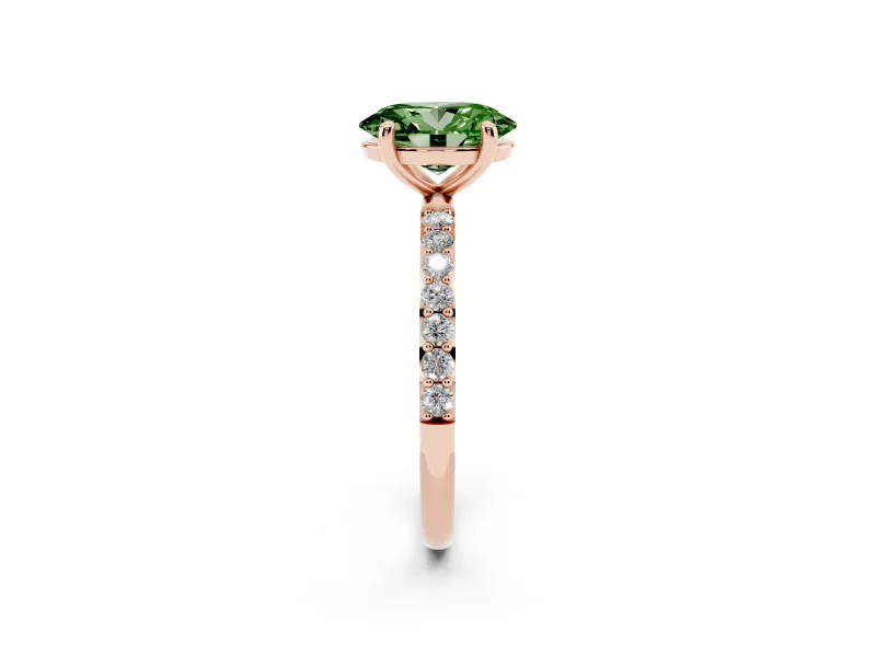 Fancy Green Oval Cut Diamond Solitaire Ring Set in Rose gold with Round Pavé Band and Prong Setting
