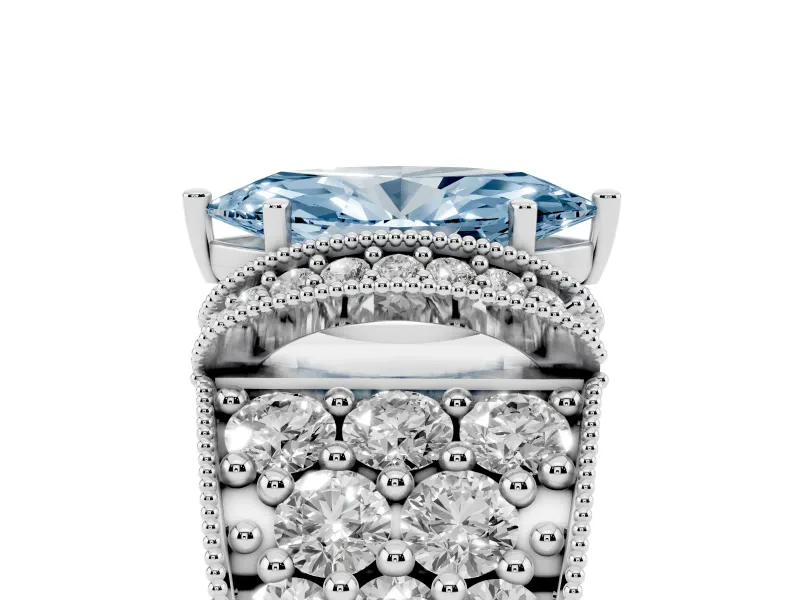 Fancy Blue Marquise Cut Diamond Milgrain Halo Pavé Engagement Ring Set in Silver with Prong Setting