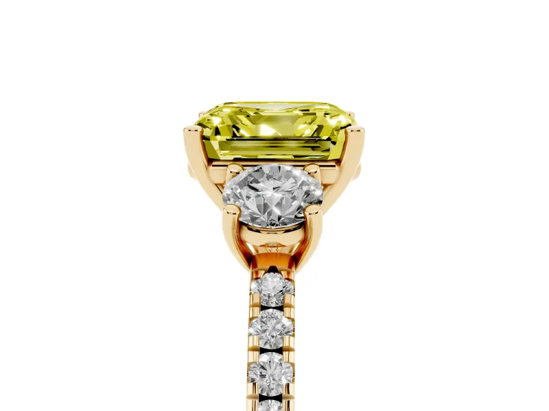 Asscher Cut Three Stone Engagement Ring Setting for a Fancy Yellow Lab-Grown Diamond | Pave Shoulders | Yellow Gold
