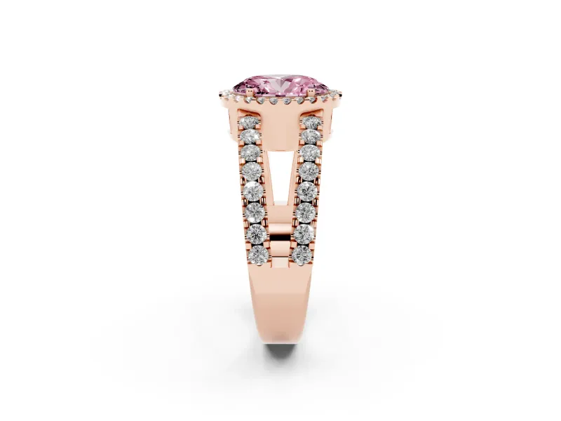 Fancy Pink Oval Cut Diamond Halo Ring Set in Rose gold with Pavé Split Shank and Prong Setting