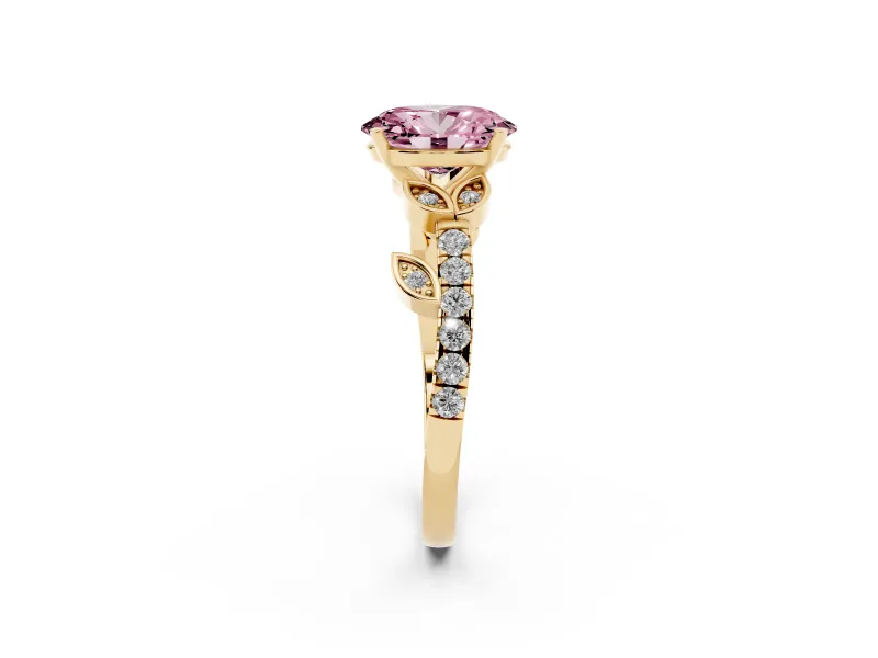 Oval Leaf Pavé Engagement Ring Setting for a Fancy Pink Lab-Grown Diamond | Yellow Gold
