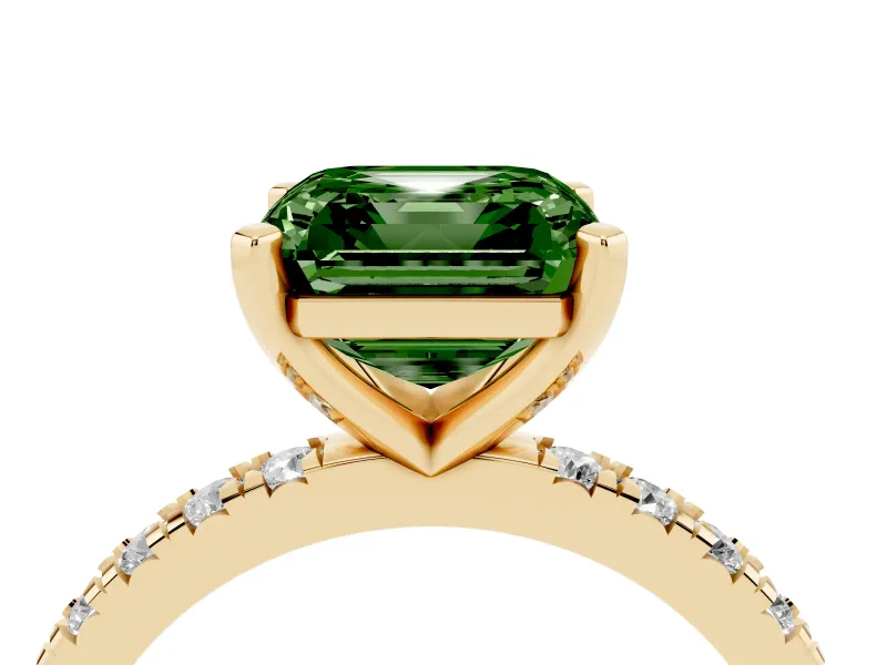 Fancy Green Asscher Cut Diamond Pavé Band Solitaire Set in Yellow gold with Prong Setting