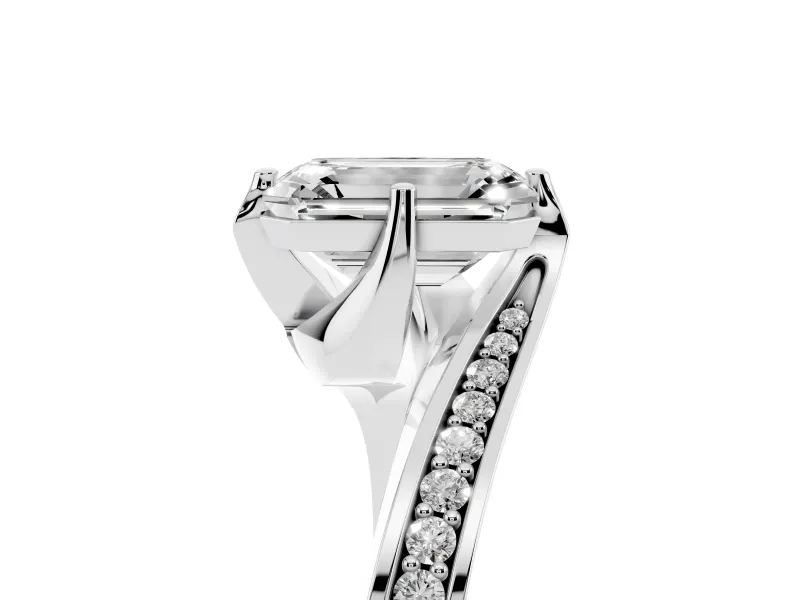 Emerald Cut Bypass Pavé Solitaire Engagement Ring Setting | Angled Head | Platinum