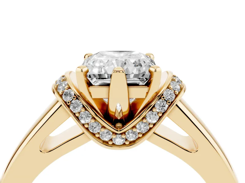 Radiant Cut Pavé Collar Solitaire Engagement Ring Setting | Wide Polished Band | Yellow Gold