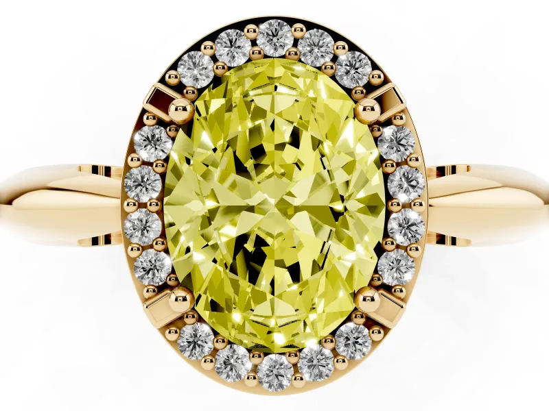 Fancy Yellow Oval Cut Diamond Halo Engagement Ring Set in Yellow gold with Plain Split Shank and Prong Setting