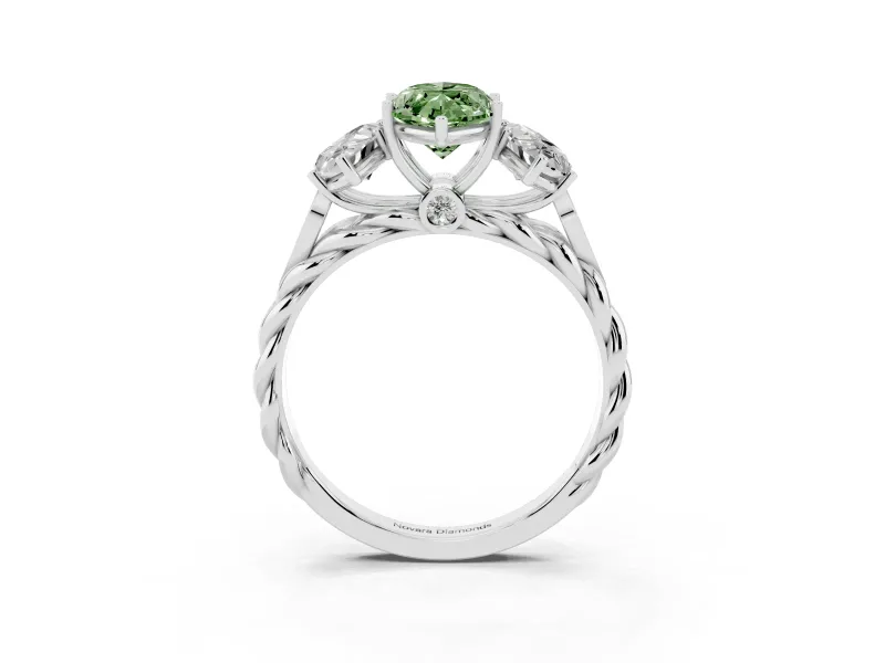 Fancy Green Marquise Cut Diamond Three-Stone Ring Set in White gold with Braided Band