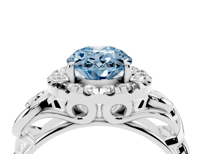 Fancy Blue Oval Cut Diamond Halo Ring Set in White gold with Scrollwork Band and Prong Setting