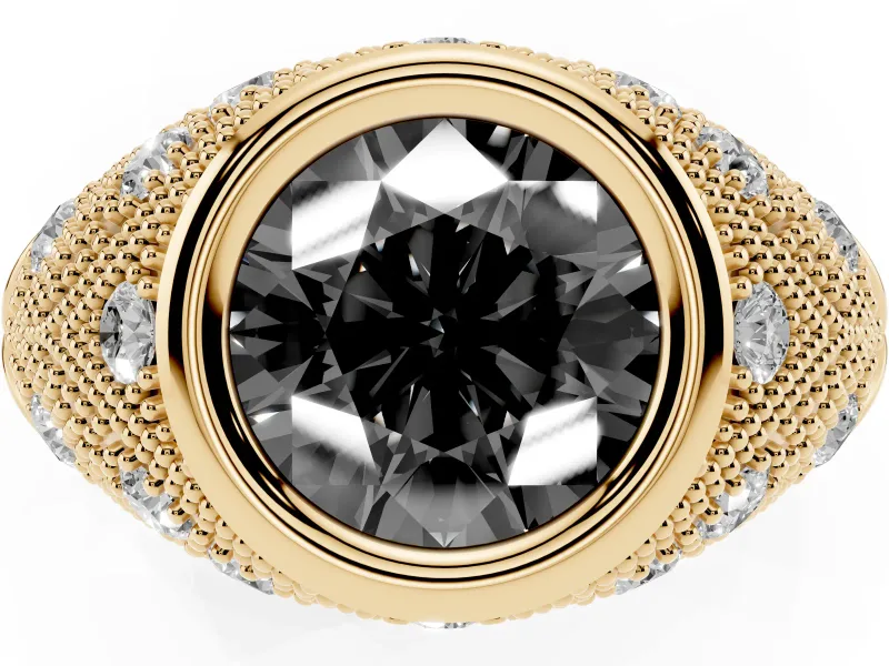 Fancy Black Round Cut Diamond Bezel Ring Set in Yellow gold with Milgrain Accent Band