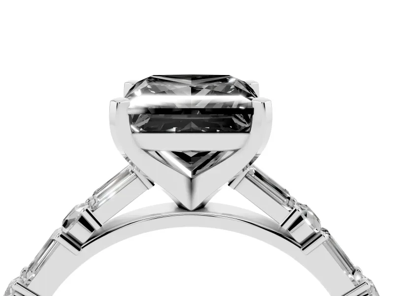 Fancy Black Princess Cut Diamond Solitaire Set in Silver with Side Baguettes and Channel Set Band