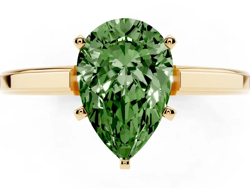 Fancy Green Pear Cut Diamond Solitaire Ring Set in Yellow gold with Prong Setting and Classic Band