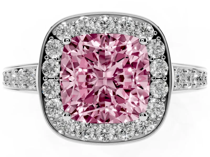 Fancy Pink Cushion Cut Diamond Halo Pavé Engagement Ring Set in White gold with Bezel Setting