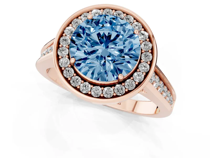 Fancy Blue Round Cut Diamond Halo Solitaire Ring Set in Rose gold with Pavé Band and Bezel Setting