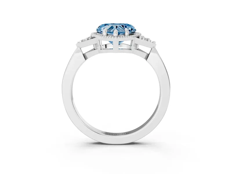 Fancy Blue Heart Cut Diamond Milgrain Solitaire Ring Set in Platinum with Tapered Pavé Band and Prong Setting