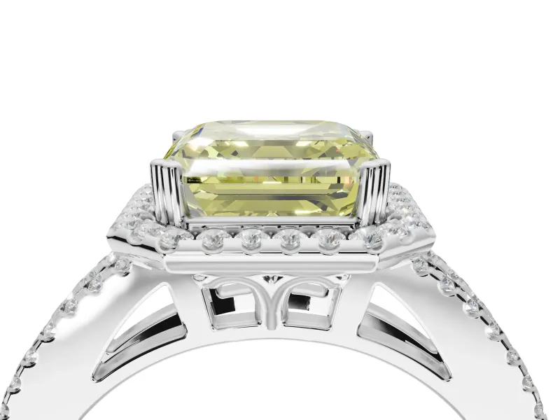 Asscher Cut Halo Split Shank Engagement Ring Setting for a Fancy Yellow Lab-Grown Diamond | Pavé Shoulders | White Gold