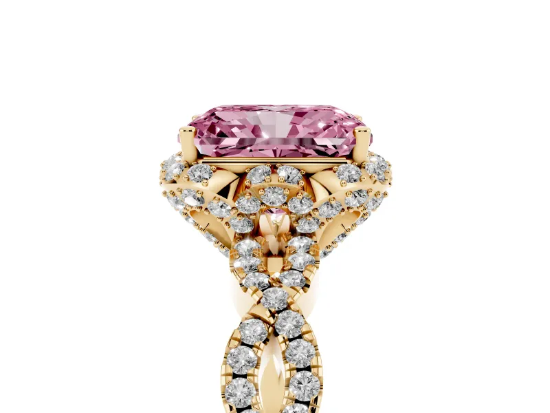 Radiant Cut Milgrain Halo Engagement Ring Setting for a Fancy Pink Lab-Grown Diamond | Graduated Shoulders | Yellow Gold