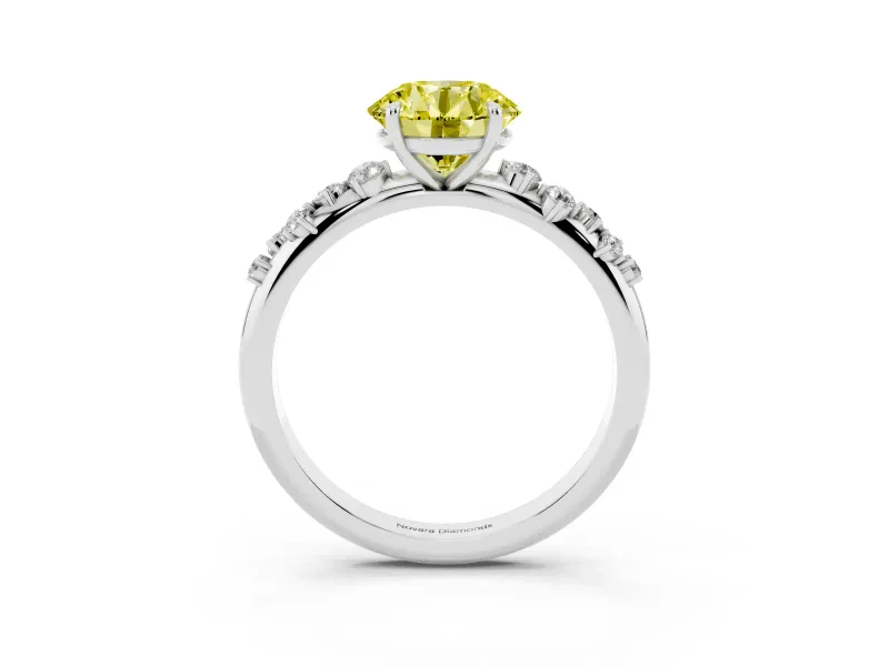 Fancy Yellow Round Cut Diamond Cluster Solitaire Ring Set in White gold with Prong Setting