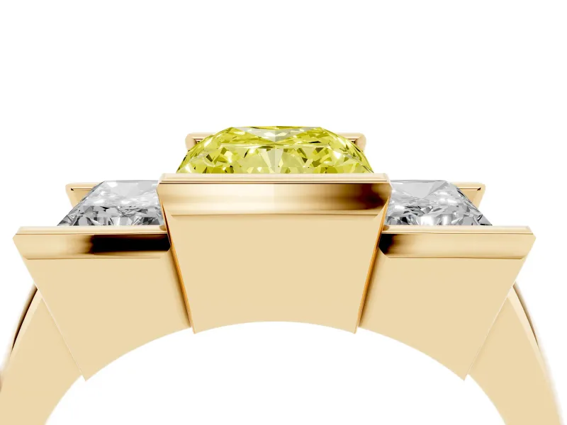 Radiant Cut Channel-Set Three Stone Engagement Ring Setting for a Fancy Yellow Lab-Grown Diamond | Yellow Gold