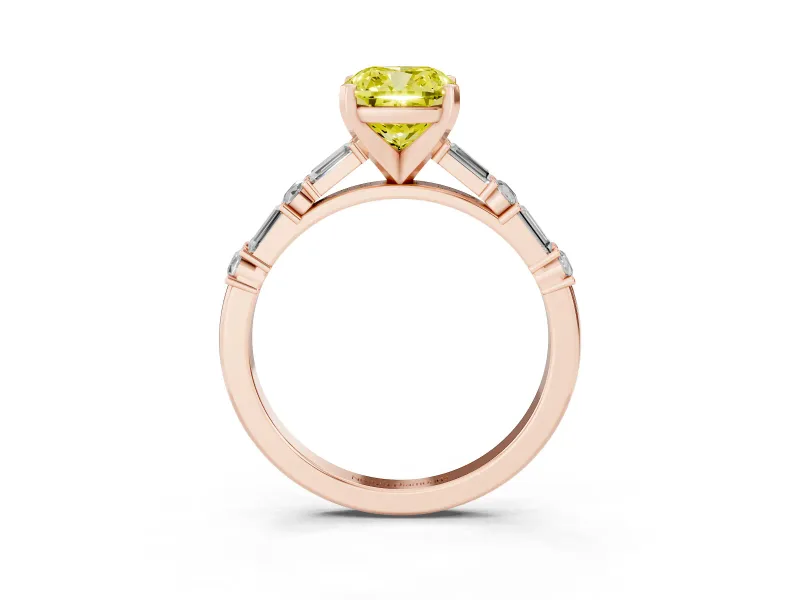 Fancy Yellow Cushion Cut Diamond Solitaire Set in Rose gold with Side Baguettes and Channel Set Band