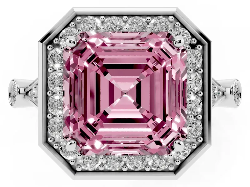 Asscher Cut Halo Engagement Ring Setting for a Fancy Pink Lab-Grown Diamond | Bezel Station Shoulders | White Gold