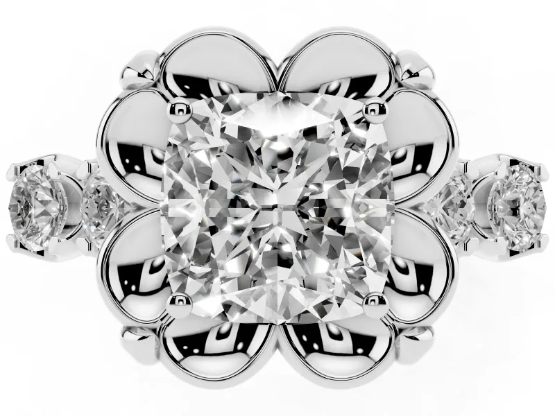 Cushion Cut Floral Engagement Ring Setting | Petal Frame and Side Stones | Sterling Silver