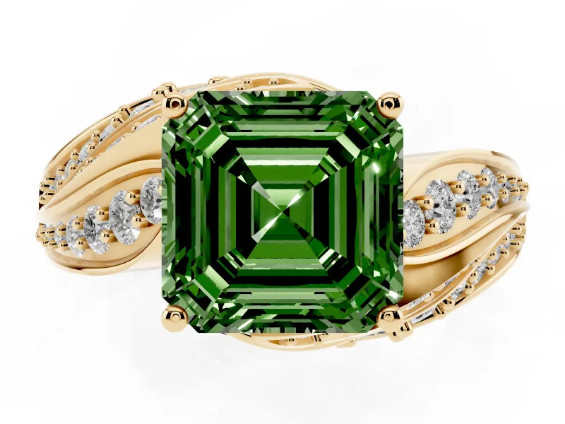Asscher Cut Bypass Pavé Engagement Ring Setting for a Fancy Green Lab-Grown Diamond | Graduated Pavé | Yellow Gold