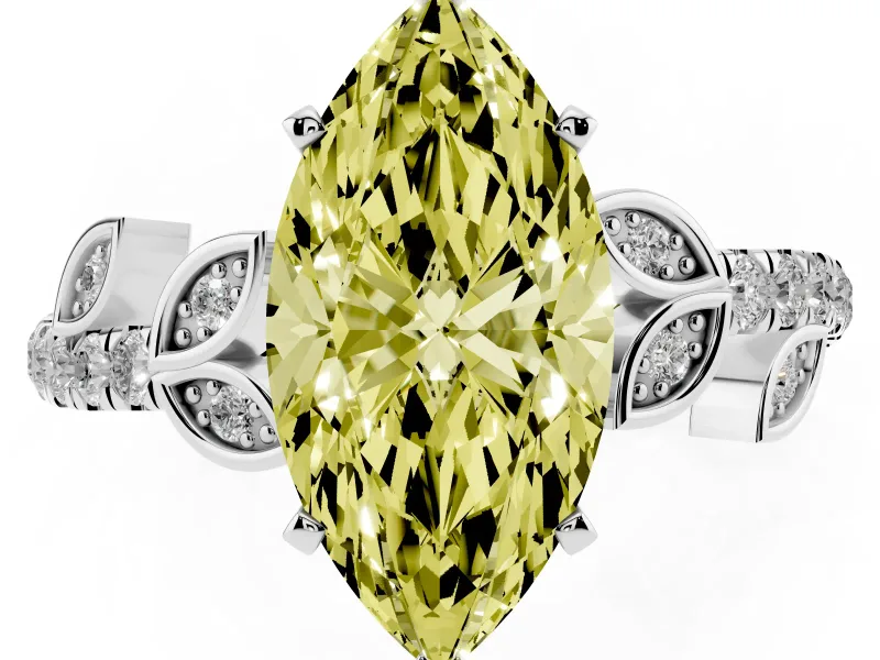 Fancy Yellow Marquise Cut Diamond Solitaire Leaf-Inspired Ring Set in Silver with Pavé Band and Prong Setting
