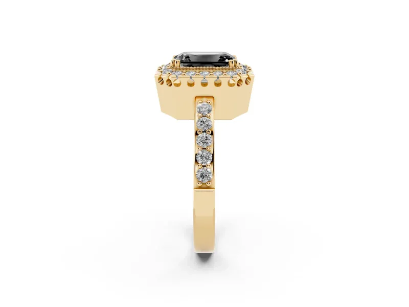 Emerald Cut Milgrain Halo Engagement Ring Setting for a Black Center | Pavé Shoulders | Yellow Gold