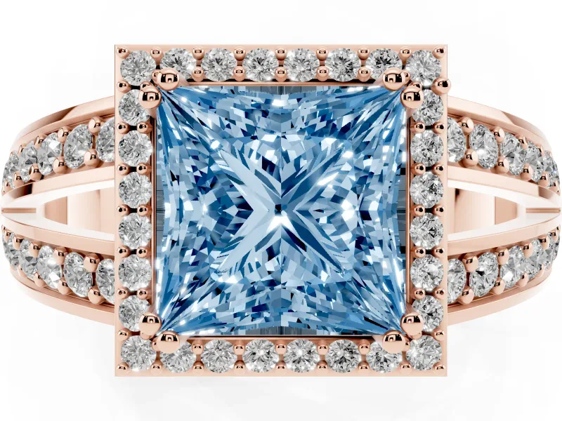 Princess Cut Halo Engagement Ring Setting for a Fancy Blue Lab-Grown Diamond | Two-Row Pave Split Shank | Rose Gold
