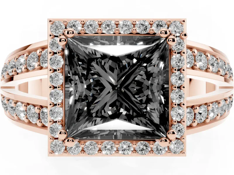 Princess Cut Halo Engagement Ring Setting for a Black Center | Two-Row Pavé Split Shank | Rose Gold