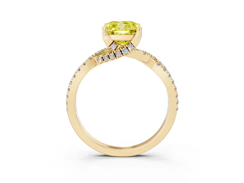 Cushion Cut Twisted Pave Engagement Ring Setting for a Fancy Yellow Lab-Grown Diamond | Split Shank | Yellow Gold