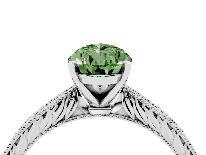 Fancy Green Pear Cut Diamond Solitaire Milgrain Engraved Band Set in Silver with Prong Setting