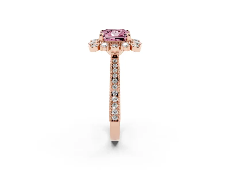 Fancy Pink Princess Cut Diamond Halo Milgrain Pavé Ring Set in Rose gold with Prong Setting