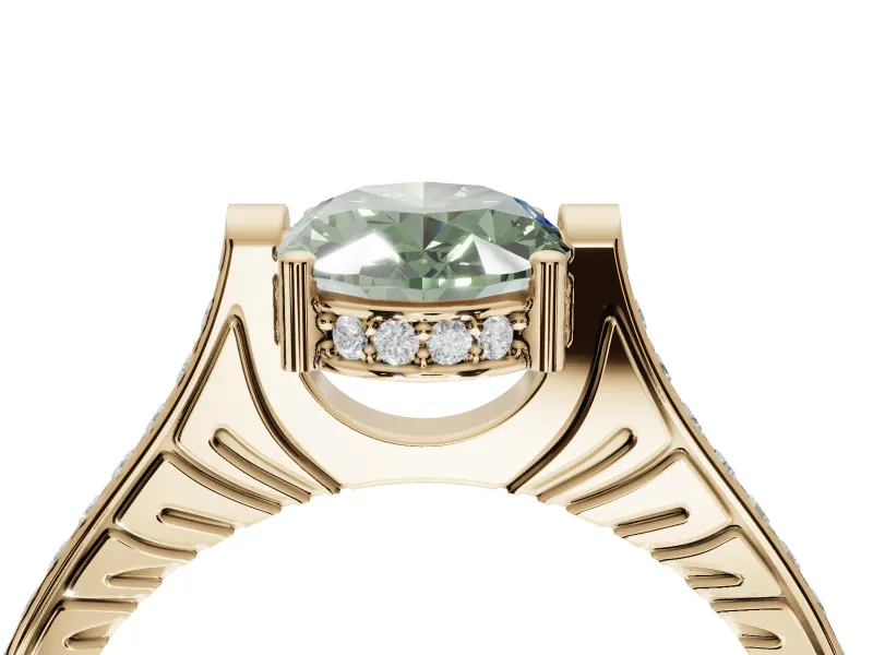 Oval Vintage Cathedral Engagement Ring Setting for a Fancy Green Lab-Grown Diamond | Carved Band | Yellow Gold