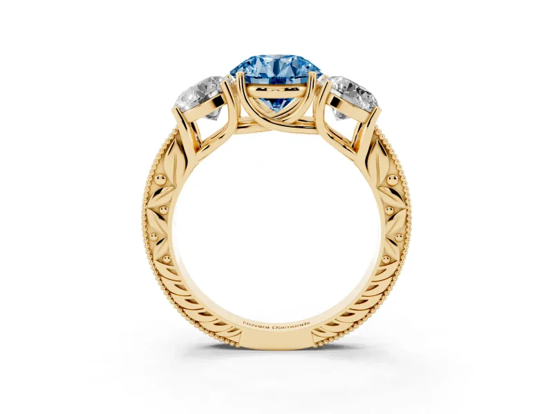 Round Vintage Three Stone Engagement Ring Setting for a Fancy Blue Lab-Grown Diamond | Yellow Gold