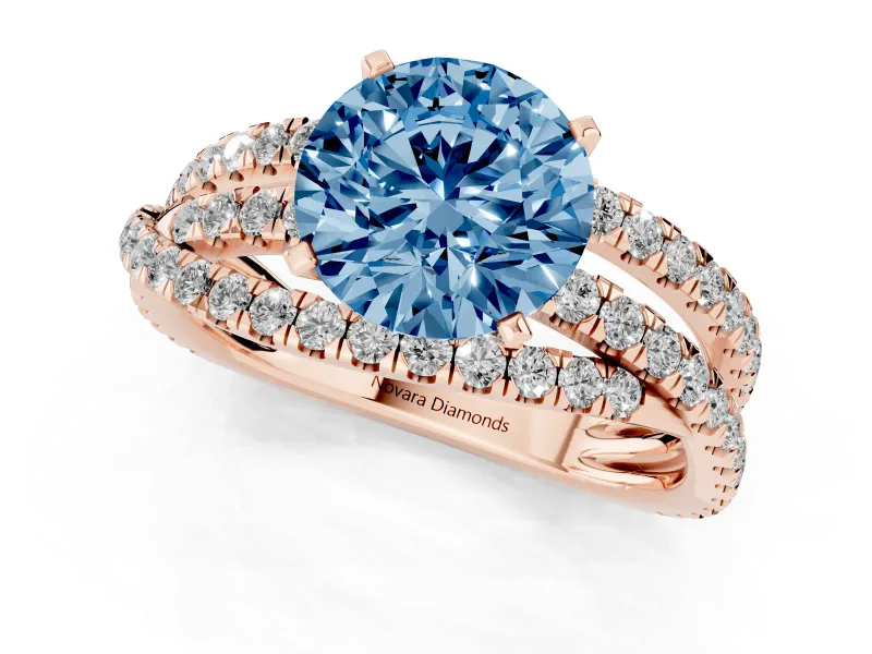 Fancy Blue Round Cut Diamond Solitaire Twist Band Ring Set in Rose gold with Pavé Setting and Prong Head