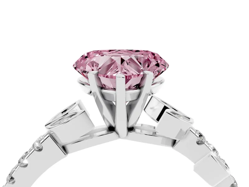 Fancy Pink Heart Cut Diamond Solitaire Leaf-Inspired Ring Set in Silver with Pavé Band and Prong Setting
