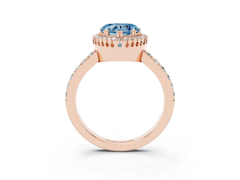 Fancy Blue Heart Cut Diamond Halo Engagement Ring Set in Rose gold with Milgrain Detail and Pavé Band